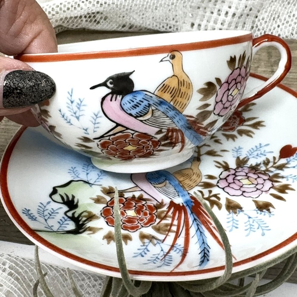 Hand-Painted Vintage Porcelain Tea Cup & Saucer Set With Bird & Floral Design